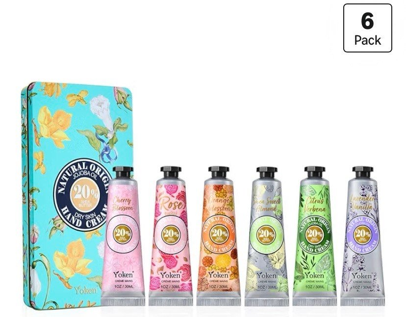Yoken - Juego de regalo de crema de manos con manteca de karité al 20%, 6 x 1 onza tamaño de viaje  Suave calmante hidratante delicado estaño almendra limpia Ingerdients almendra cítrica verbena y aroma floral