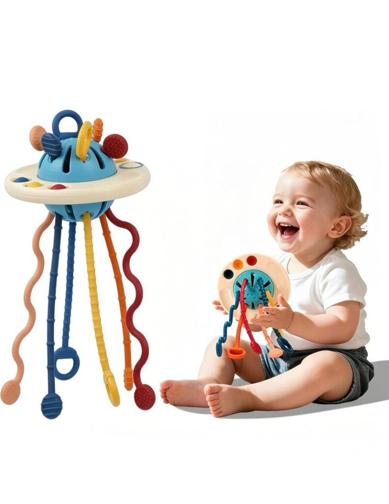 Diseño multifuncional OVNI: este juguete Montessori para bebés diseña una forma OVNI que ayuda a los bebés a desarrollar curiosidad y habilidades motoras a través del juego táctil, visual y cinestésico. Perfecto para bebés de 12 meses en adelante. Promueve las habilidades motoras finas El cordón de tracción mejora la coordinación mano-ojo y las habilidades de agarre. El juguete de cuerda también fomenta las habilidades de movimiento temprano, por lo que es una herramienta esencial para el desarrollo motor fino de los bebés. Seguro y no tóxico. Hecho de materiales no tóxicos, seguros para bebés, este juego de juguetes cumple con las normas de seguridad de Estados Unidos. Es adecuado para bebés de 12 meses en adelante, proporcionando a los padres tranquilidad mientras los bebés disfrutan del juego sensorial. Fomenta el desarrollo sensorial Con su colorido y variado forma, este juego de juguetes estimula los sentidos visuales y táctiles de los bebés. Ayuda a los bebés a desarrollar el reconocimiento temprano de colores, formas y tamaños, promoviendo el aprendizaje sensorial. Portátil y apto para viajes: el diseño ligero hace que sea fácil de llevar en viajes familiares. Ya sea en casa o en movimiento, este juego de juguetes Montessori mantiene a los bebés entretenidos mientras fomenta el aprendizaje a través del juego.