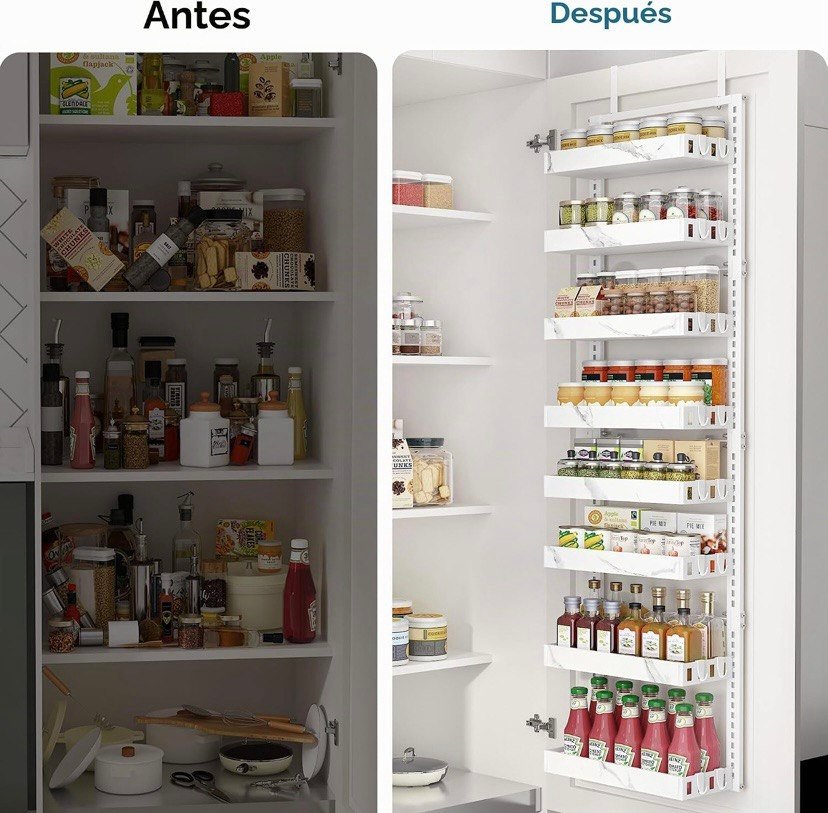 bukfen Organizador de despensa sobre la puerta, cesta ajustable de 8 niveles, organización y almacenamiento de puerta de despensa de cocina, estante colgante de especias de cocina de metal resistente 8-Tier Adjustable Basket, 16 Hooks, Heavy-Duty Metal Over Door Spice Shelf Organization Storage for Kitchen, Bathroom, Closet