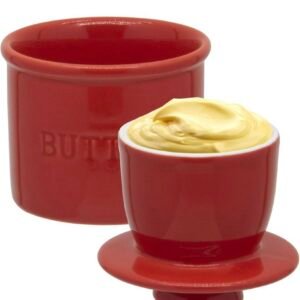 Mantequillera de cerámica, recipiente hermético para mantequilla con tapa para encimera, manteca francesa redonda, plato de mantequilla de porcelana con tapa (rojo