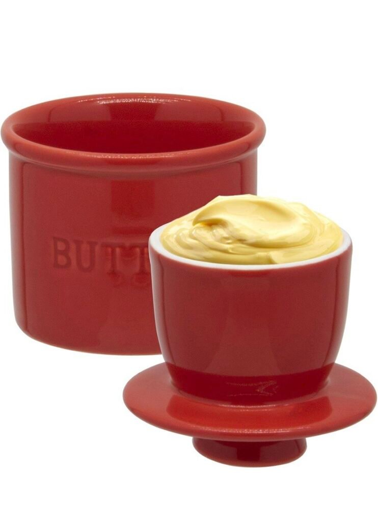 Mantequillera de cerámica, recipiente hermético para mantequilla con tapa para encimera, manteca francesa redonda, plato de mantequilla de porcelana con tapa (rojo