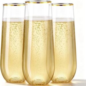 N9R 36 copas de champán de plástico, 9 onzas, desechables con borde dorado, vasos de tostado con borde dorado, vasos de cóctel transparentes inastillables, ideales para fiestas, bodas, cumpleaños  Gold Rim, Fancy Wine & Cocktail Cups, Shatterproof, BPA-Free, for Party, Wedding, Birthday, Bar, Bridal Shower & Toasting