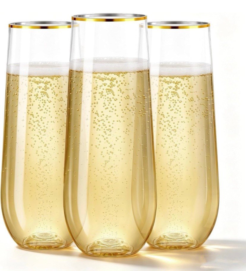 N9R 36 copas de champán de plástico, 9 onzas, desechables con borde dorado, vasos de tostado con borde dorado, vasos de cóctel transparentes inastillables, ideales para fiestas, bodas, cumpleaños Gold Rim, Fancy Wine & Cocktail Cups, Shatterproof, BPA-Free, for Party, Wedding, Birthday, Bar, Bridal Shower & Toasting