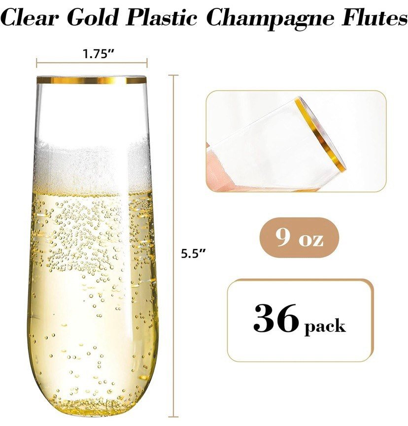 N9R 36 copas de champán de plástico, 9 onzas, desechables con borde dorado, vasos de tostado con borde dorado, vasos de cóctel transparentes inastillables, ideales para fiestas, bodas, cumpleaños Gold Rim, Fancy Wine & Cocktail Cups, Shatterproof, BPA-Free, for Party, Wedding, Birthday, Bar, Bridal Shower & Toasting - Imagen 3