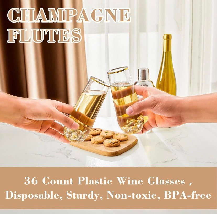 N9R 36 copas de champán de plástico, 9 onzas, desechables con borde dorado, vasos de tostado con borde dorado, vasos de cóctel transparentes inastillables, ideales para fiestas, bodas, cumpleaños Gold Rim, Fancy Wine & Cocktail Cups, Shatterproof, BPA-Free, for Party, Wedding, Birthday, Bar, Bridal Shower & Toasting - Imagen 4