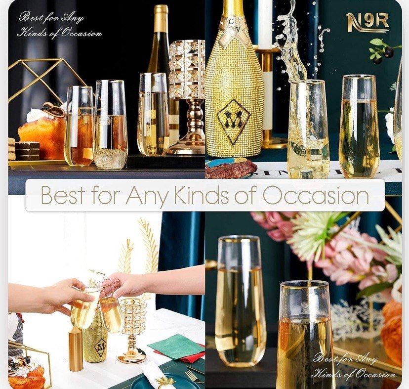 N9R 36 copas de champán de plástico, 9 onzas, desechables con borde dorado, vasos de tostado con borde dorado, vasos de cóctel transparentes inastillables, ideales para fiestas, bodas, cumpleaños Gold Rim, Fancy Wine & Cocktail Cups, Shatterproof, BPA-Free, for Party, Wedding, Birthday, Bar, Bridal Shower & Toasting - Imagen 6